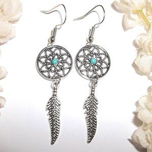 Southwestern Earrings Feather Dreamcatcher Turquoise Blue Silver Jewelry C450